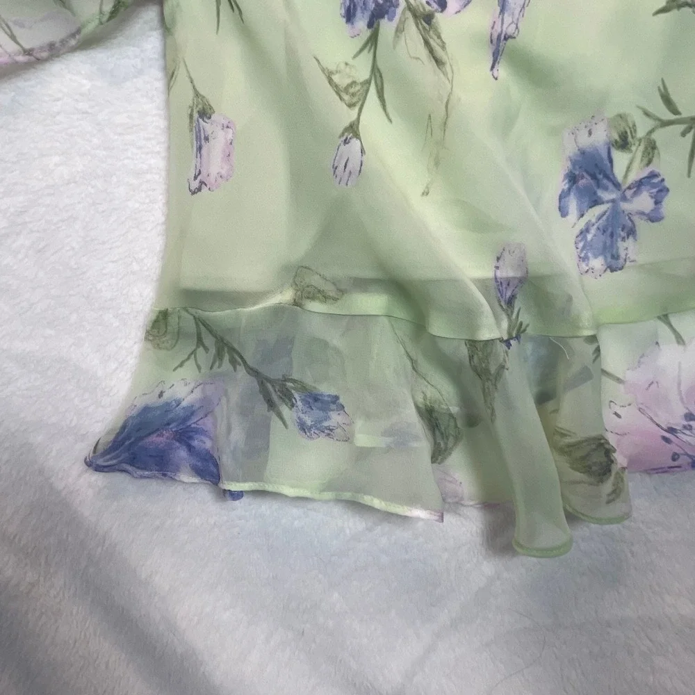 VTG Maxi Skirt 2 Pc Set Women M Floral Fairy Chiffon Lettuce Hem Church Romantic